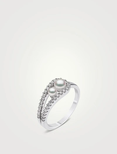 Sleek 18K White Gold Akoya Pearl And Diamond Ring