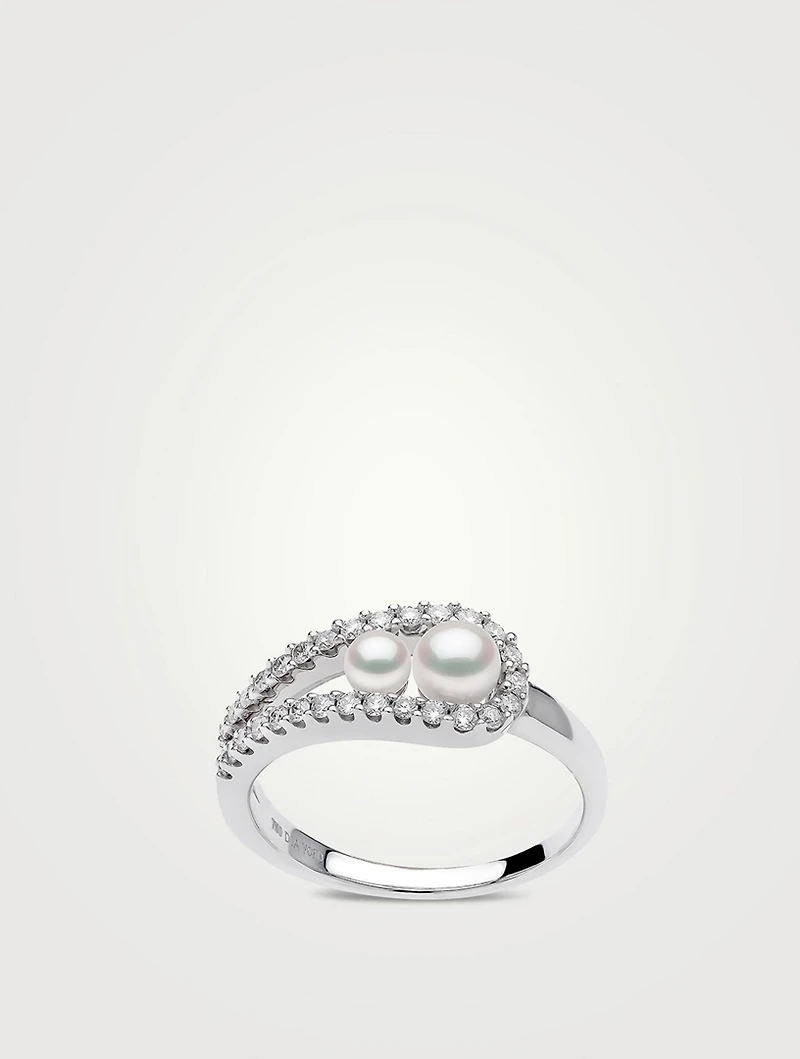 Sleek 18K White Gold Akoya Pearl And Diamond Ring