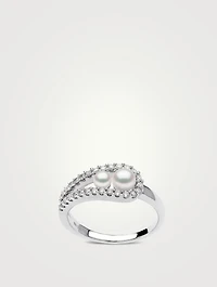 Sleek 18K White Gold Akoya Pearl And Diamond Ring