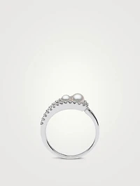 Sleek 18K White Gold Akoya Pearl And Diamond Ring