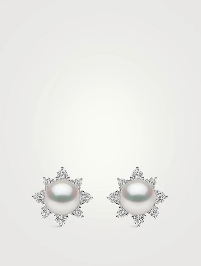 Trend 18K White Gold Akoya Pearl And Diamond Stud Earrings