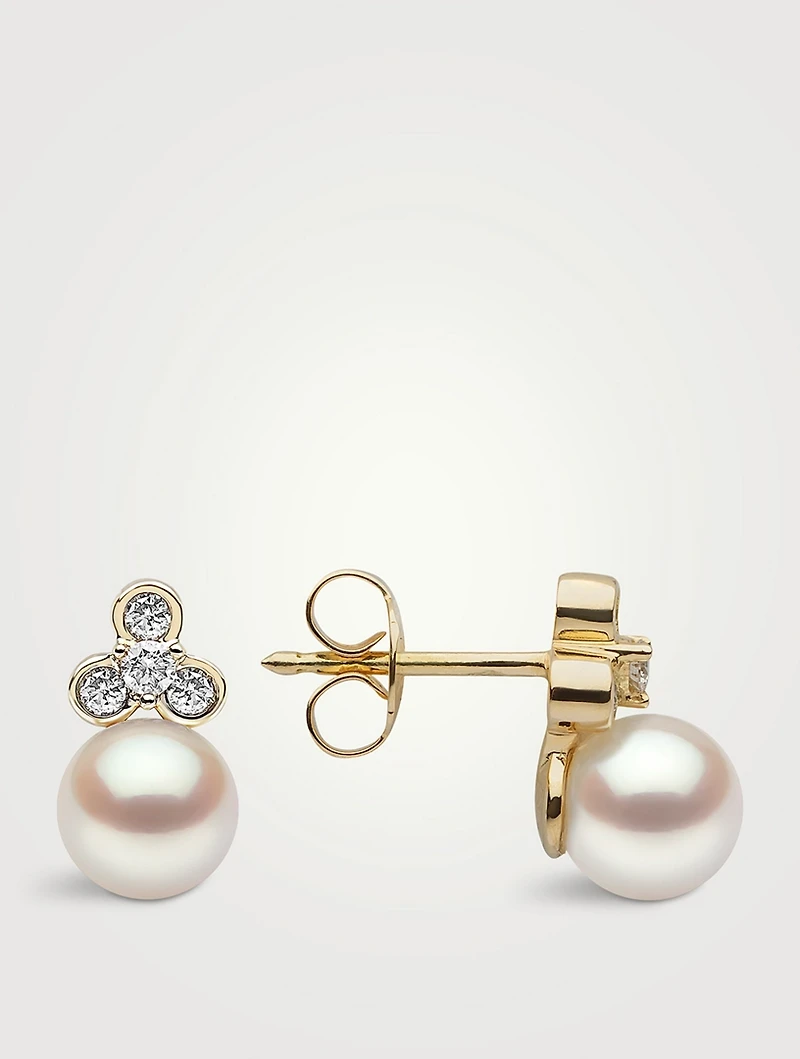 Trend 18K Gold Freshwater Pearl And Diamond Stud Earrings