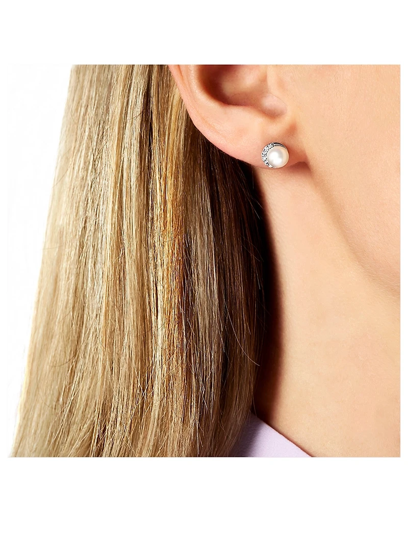 Trend 18K White Gold Freshwater Pearl And Diamond Stud Earrings