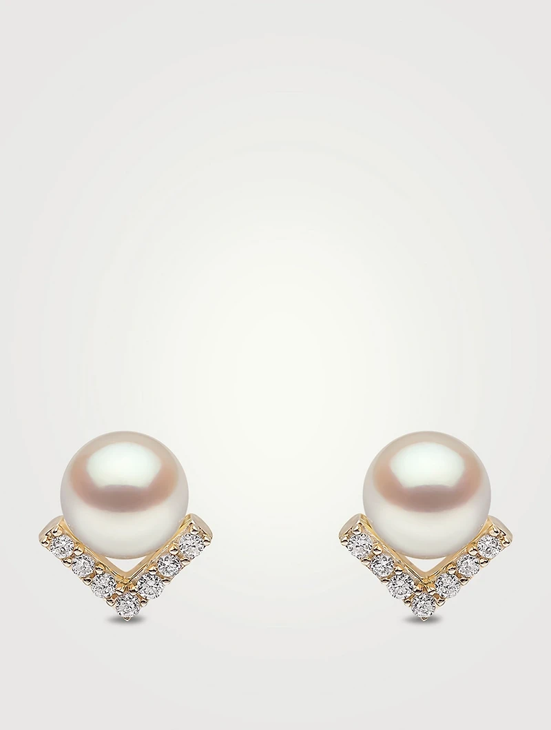 Trend 18K Gold Freshwater Pearl And Diamond Stud Earrings
