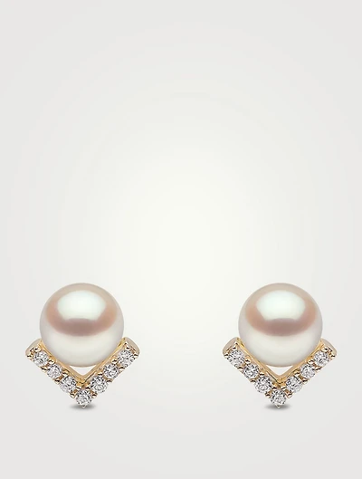 Trend 18K Gold Freshwater Pearl And Diamond Stud Earrings