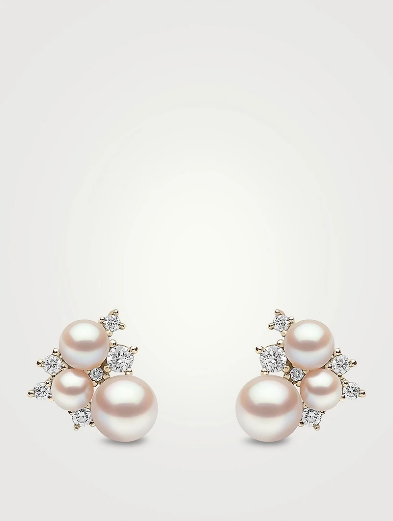 Trend 18K Gold Freshwater Pearl And Diamond Stud Earrings