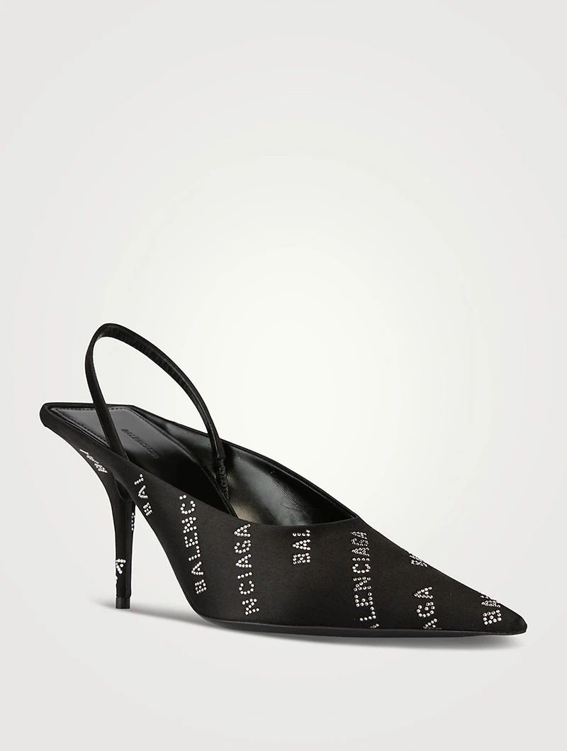 Square Knife Embellished Satin Slingback Pumps