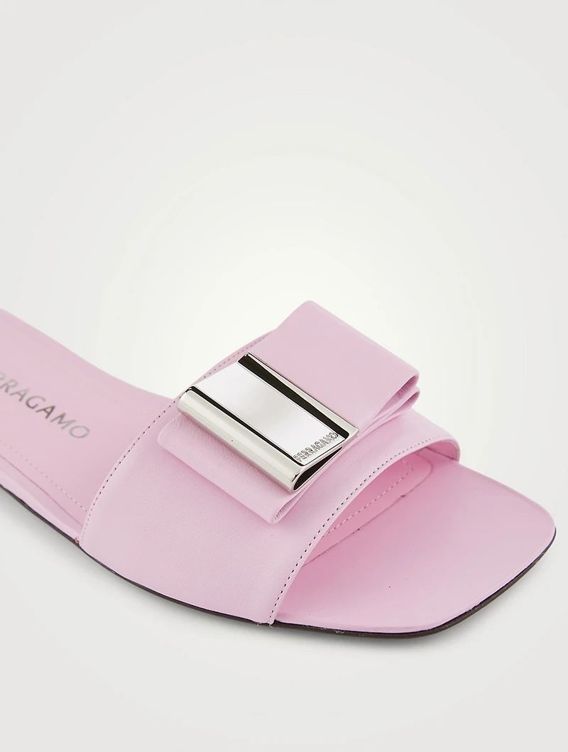 Double Bow Leather Slide Sandals
