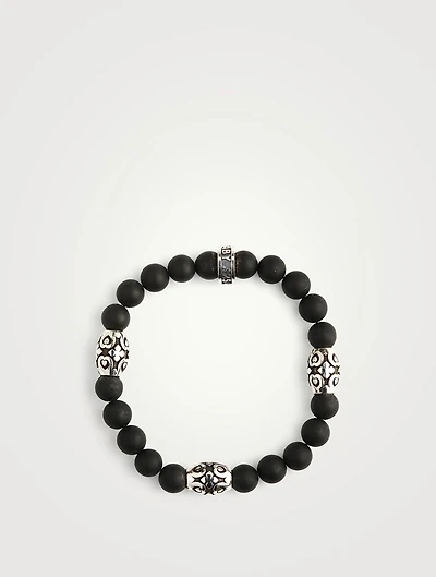 Onyx Beaded Bracelet With Silver Cross Scroll Barrels