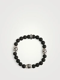 Onyx Beaded Bracelet With Silver Cross Scroll Barrels