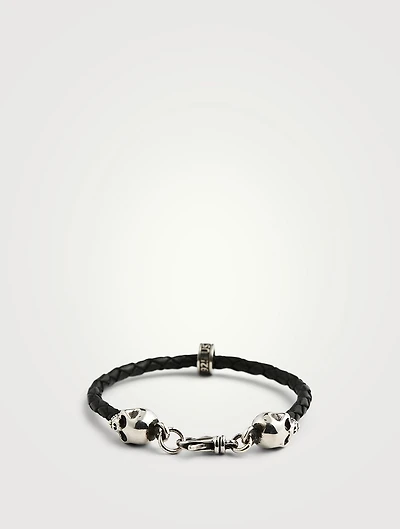 Thin Braided Leather Hamlet Skull Bracelet