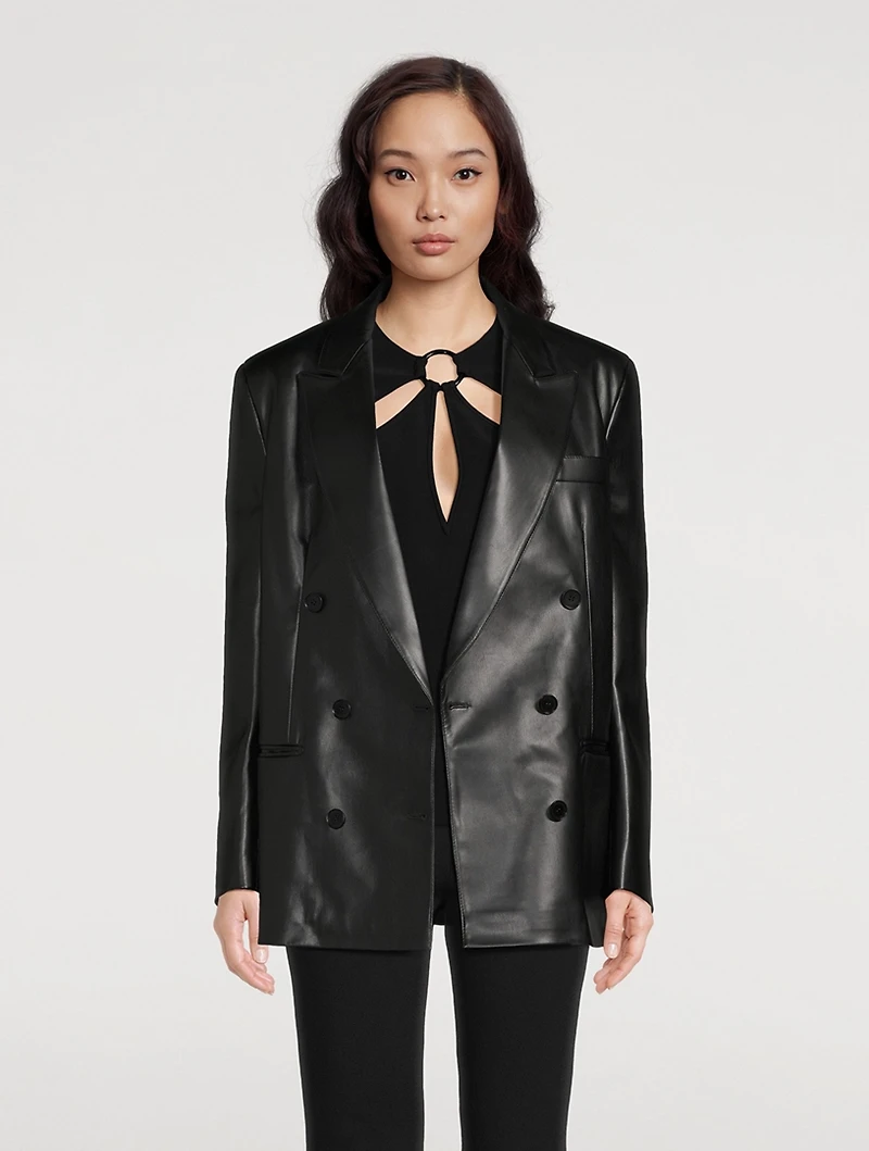 Faux Leather Double-Breasted Blazer