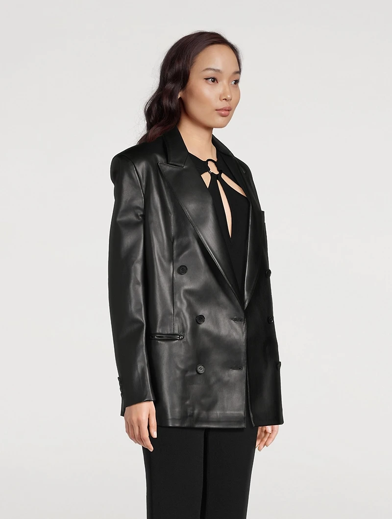 Faux Leather Double-Breasted Blazer