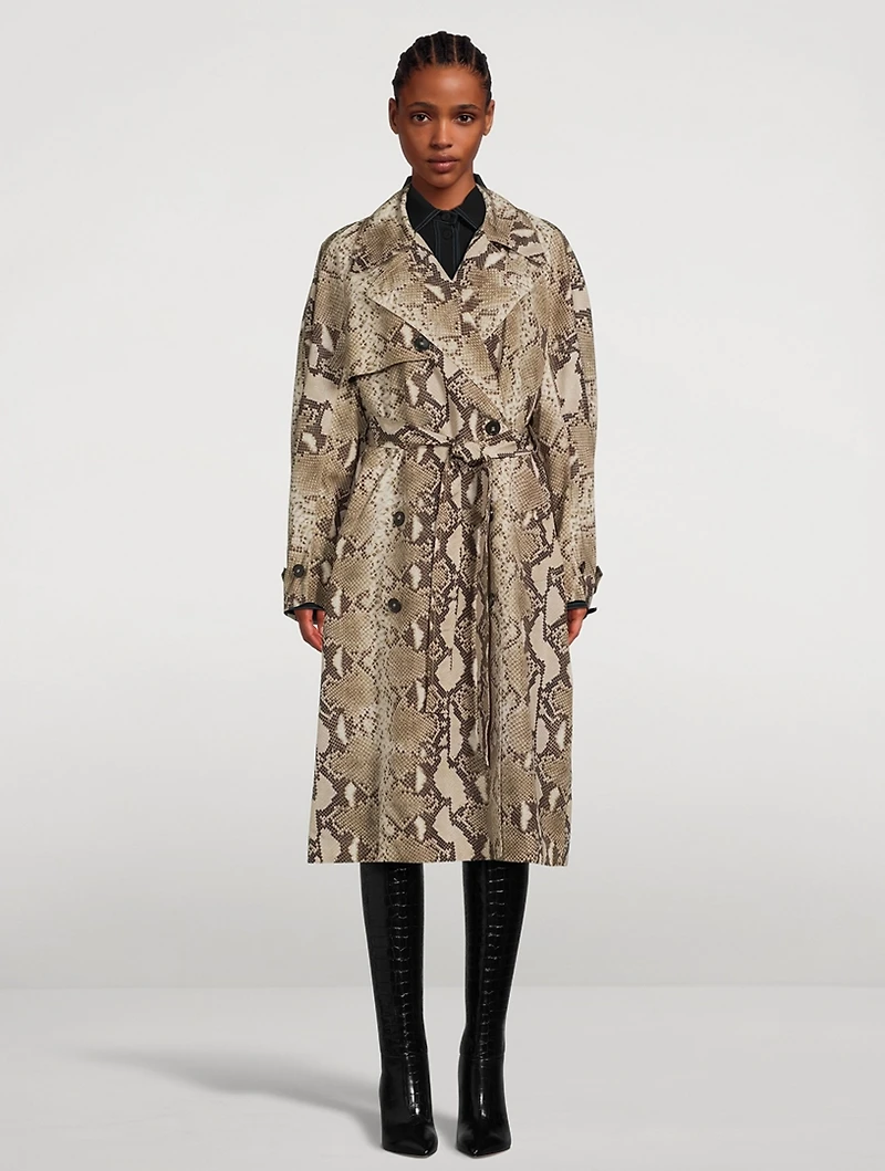 Double-Breasted Trench Coat Python Print