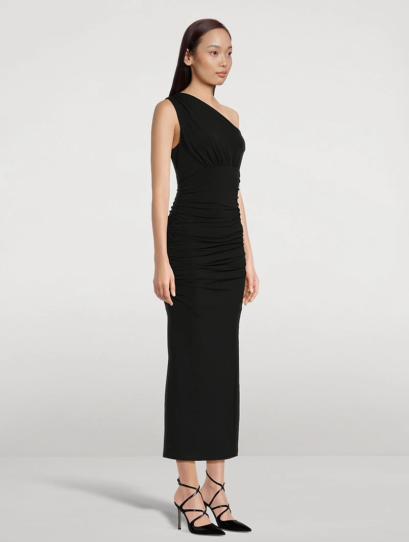 Ruched Jersey One-Shoulder Midi Dress