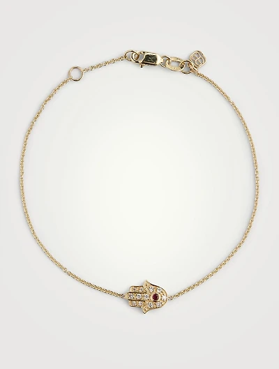 Mini 14K Gold Hamsa Bracelet With Diamonds And Ruby