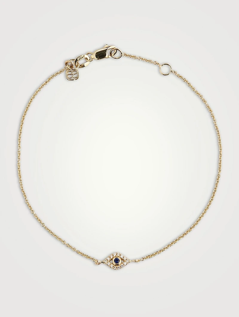 Small 14K Gold Bezel Evil Eye Bracelet With Diamonds And Sapphire