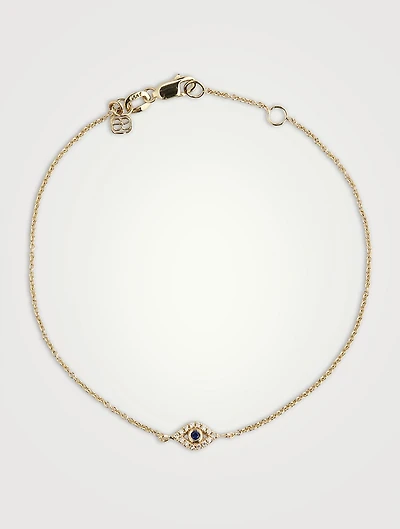 Small 14K Gold Bezel Evil Eye Bracelet With Diamonds And Sapphire