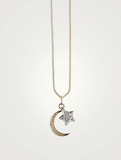 14K Gold Moon And Star Charm Necklace With Pavé Diamonds