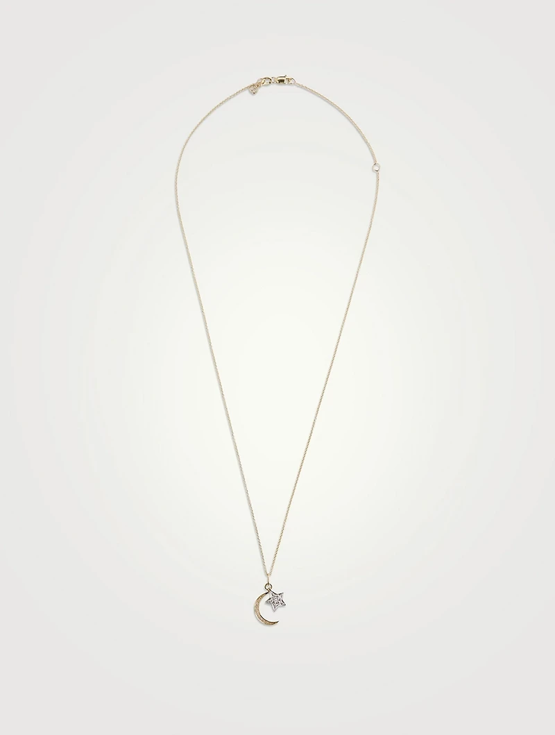 14K Gold Moon And Star Charm Necklace With Pavé Diamonds