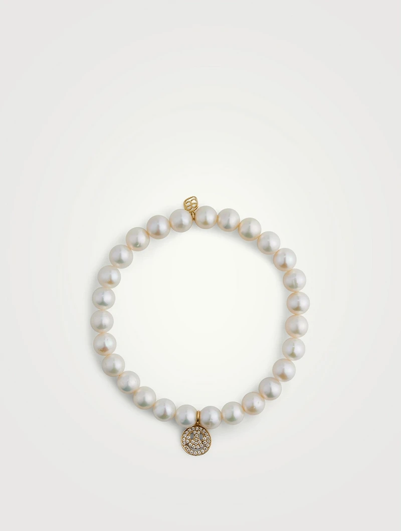 Pearl Bracelet With 14K Gold Diamond Happy Face Charm