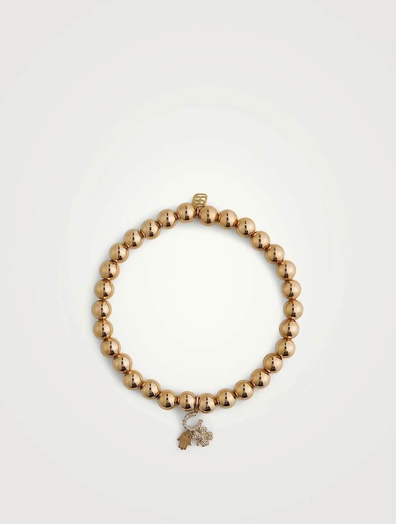 14K Gold Beaded Bracelet With Diamond Luck And Protection Charm