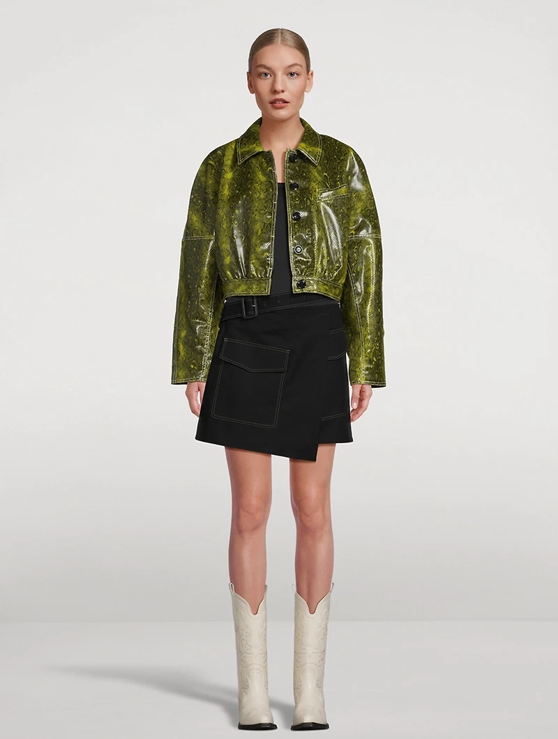 Cropped Faux Leather Jacket Snake Print