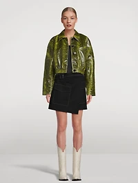 Cropped Faux Leather Jacket Snake Print