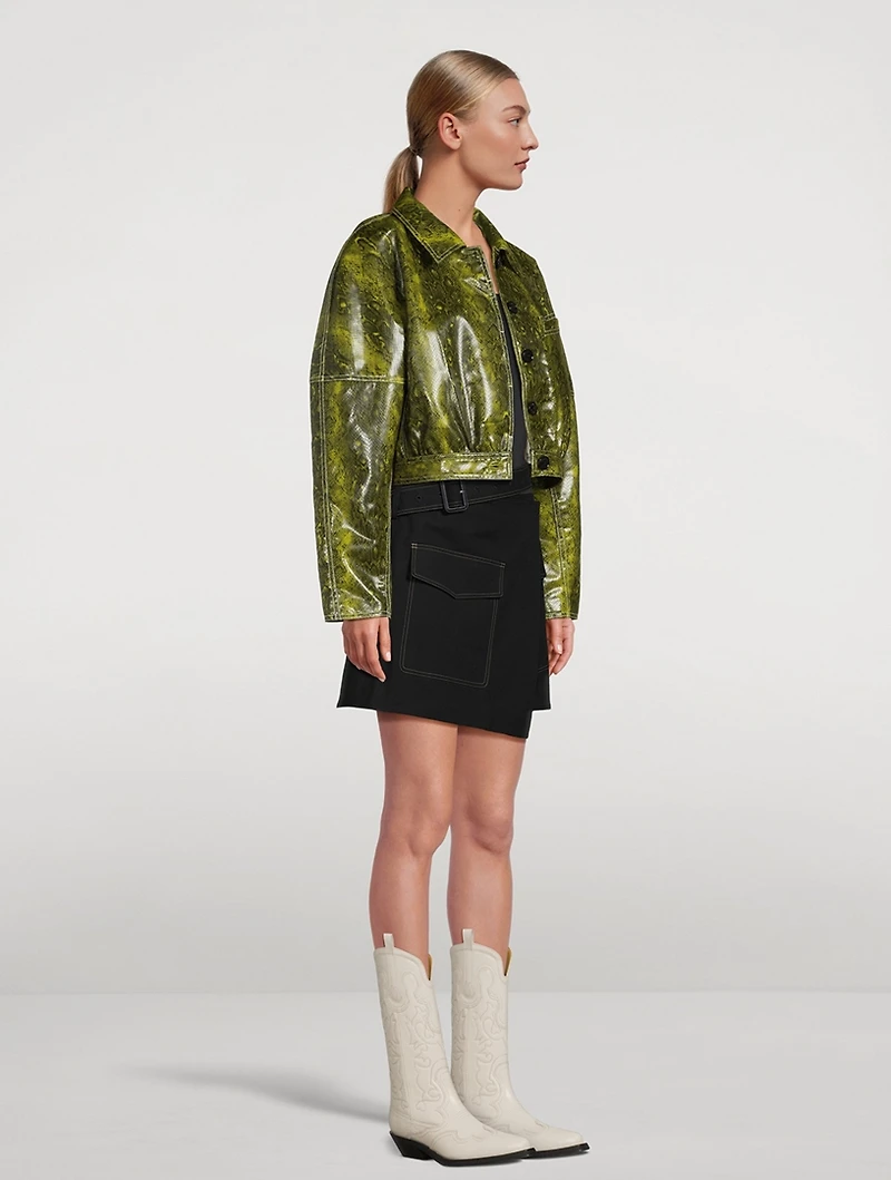 Cropped Faux Leather Jacket Snake Print