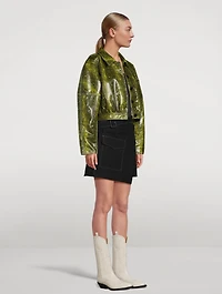 Cropped Faux Leather Jacket Snake Print