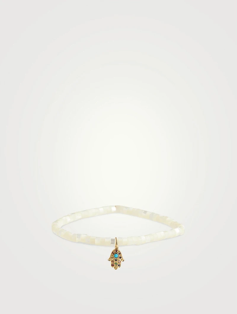 Heishi Beaded Bracelet With Small 14K Rainbow Hamsa Charm