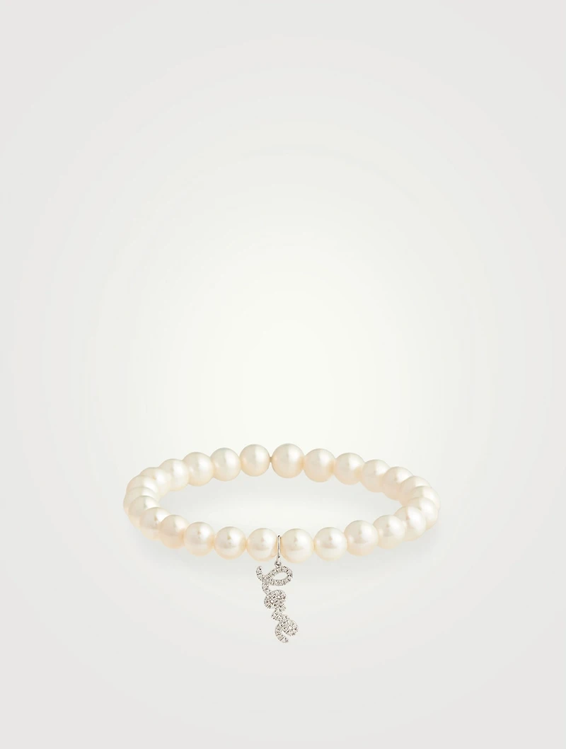Pearl Bracelet With Mini 14K White Gold Diamond Love Charm
