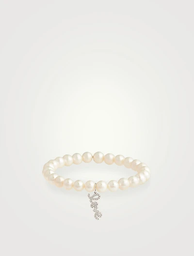 Pearl Bracelet With Mini 14K White Gold Diamond Love Charm