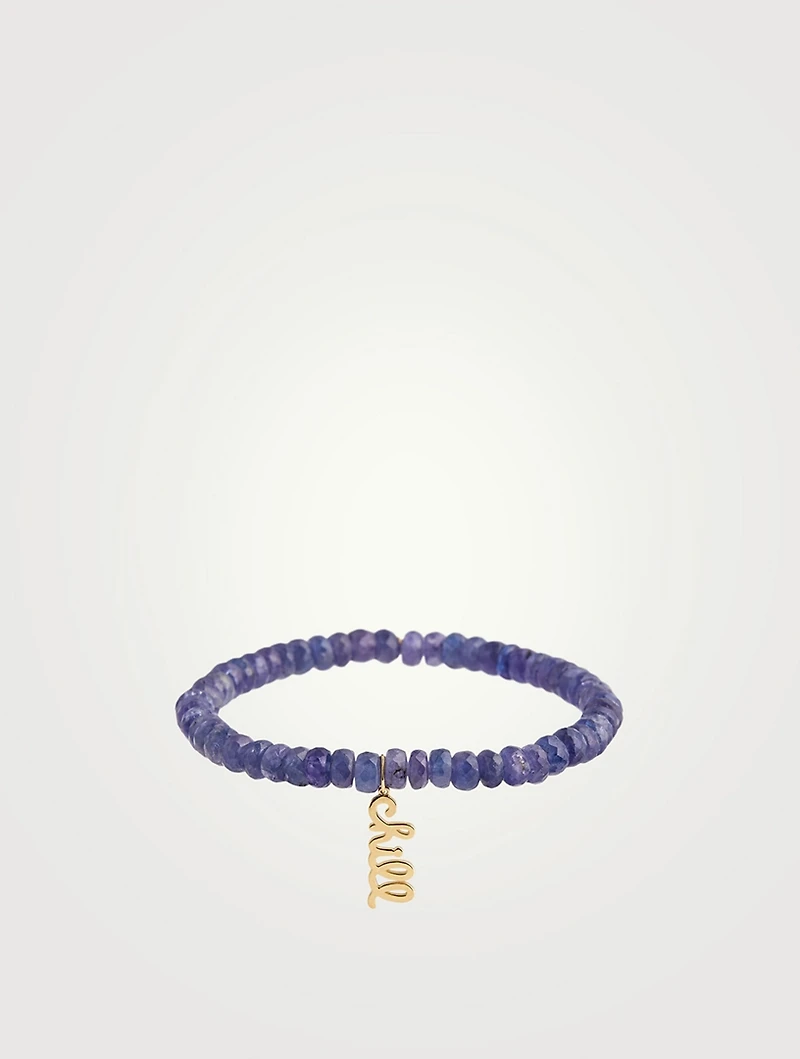 Blue Tanzanite Beaded Bracelet With 14K Gold Pure Chill Script Charm