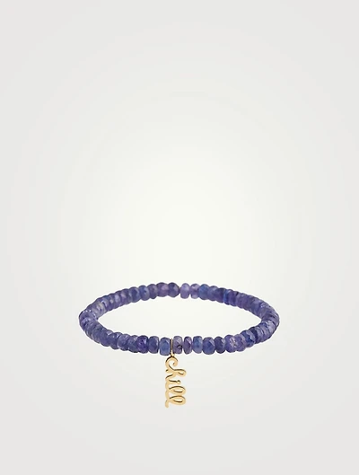 Blue Tanzanite Beaded Bracelet With 14K Gold Pure Chill Script Charm
