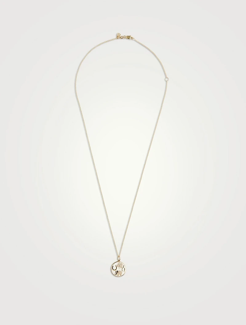 14K Gold Luck Tableau Enamel Medallion Pendant Necklace