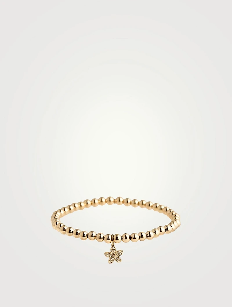 14K Gold Beaded Bracelet With Small 14K Gold Diamond Plumeria Charm