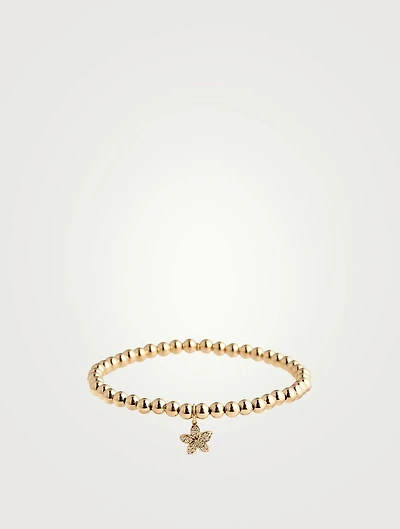 14K Gold Beaded Bracelet With Small 14K Gold Diamond Plumeria Charm