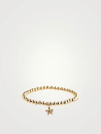 14K Gold Beaded Bracelet With Small 14K Gold Diamond Plumeria Charm