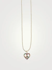 14K Gold Peace Heart Charm Necklace With Multicolour Stones