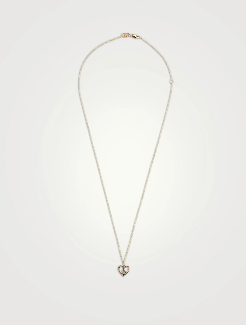 14K Gold Peace Heart Charm Necklace With Multicolour Stones