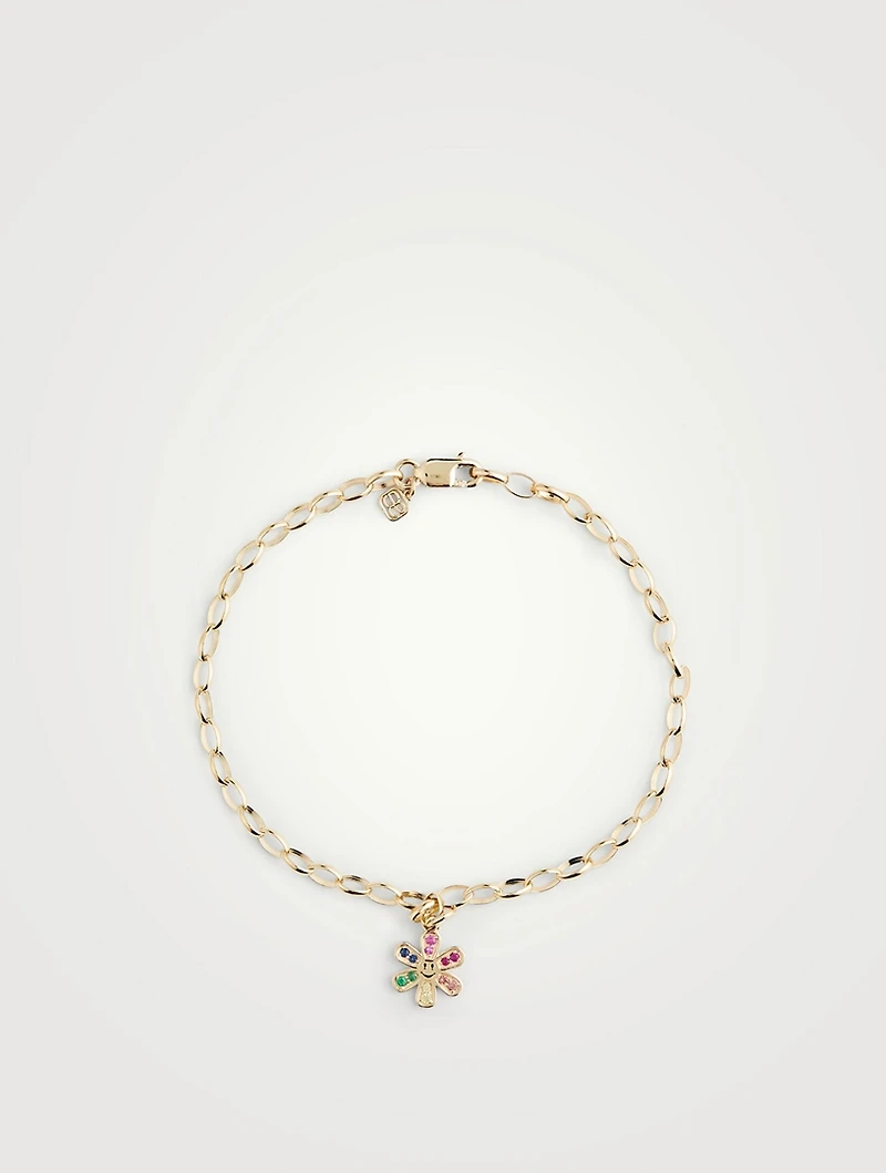 Small 14K Gold Daisy Happy Face Charm Belcher Chain Bracelet