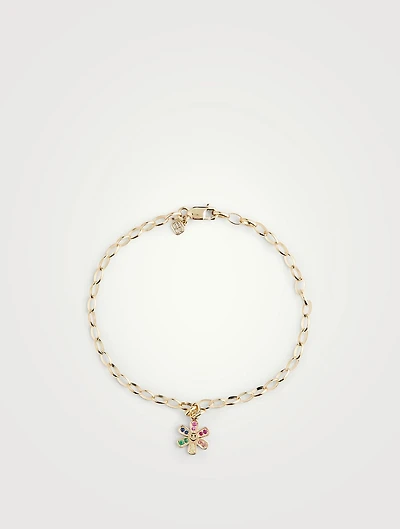 Small 14K Gold Daisy Happy Face Charm Belcher Chain Bracelet