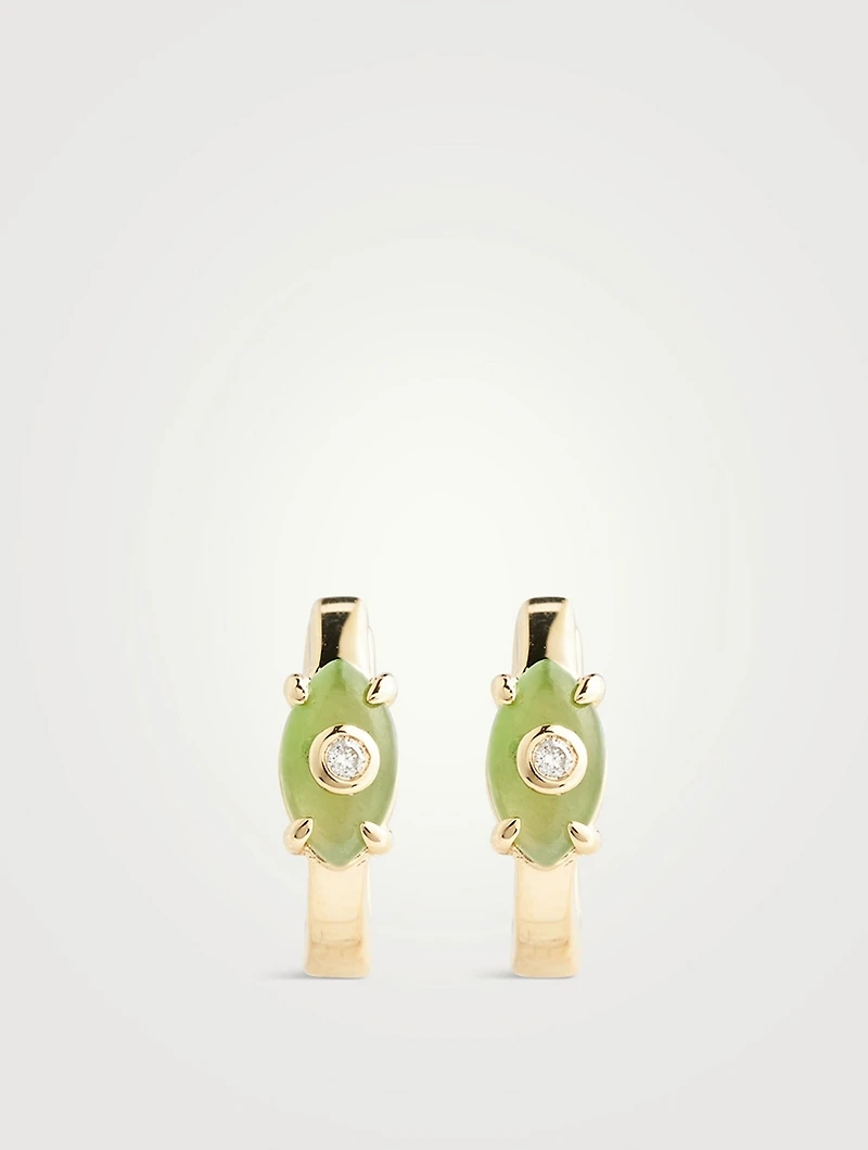 Evil Eye Huggie Hoop Earrings With Nephrite Jade And Diamonds