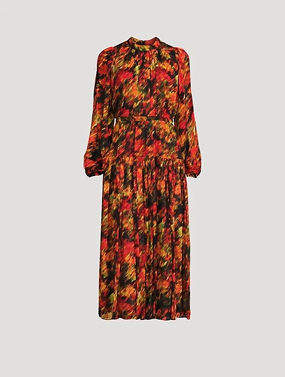 Crinkled Chiffon Midi Dress Flowers Motion Print