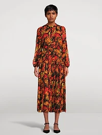 Crinkled Chiffon Midi Dress Flowers Motion Print