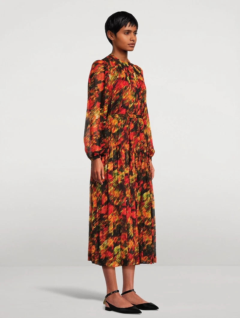 Crinkled Chiffon Midi Dress Flowers Motion Print