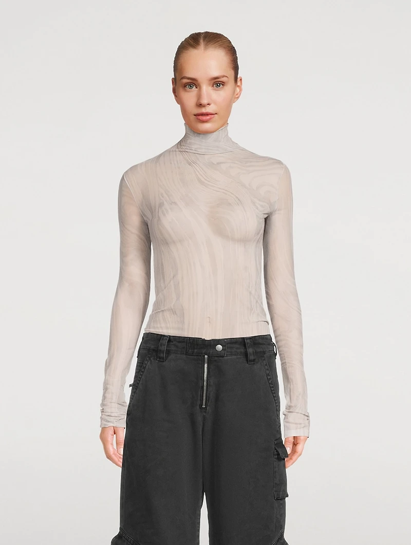 Sheer Turtleneck Swirl Print