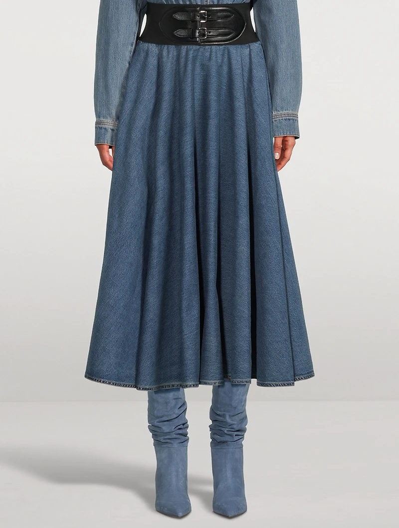 Belted Denim Midi Skirt