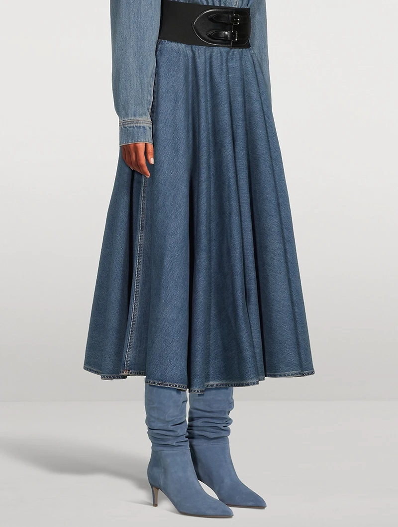 Belted Denim Midi Skirt